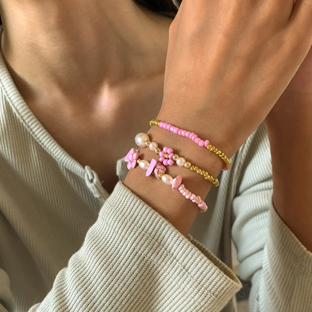 GT ODM Pink Flower Spliced Armband-Sets Böhmische ethnische Reis perlen Daisy Imitation Pearl Bracelets Set