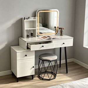 Modern Makeup <b>Vanity</b> With Lighted Mirror And Storage Drawers Bedroom Dressing <b>Table</b> With Stool - Product Image 3