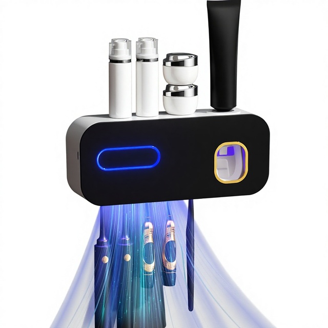 Smart Toothbrush Holder & Sterilizer with Ultraviolet Sterilization USB Rechargeable No Drilling Required Lighted Storage Box