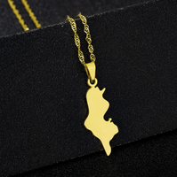 Collier en acier inoxydable avec pendentif carte de la Tunisie dorée, surface polie, série cartes nationales, drapeau du pays, décoration tendance, souvenir, cadeau