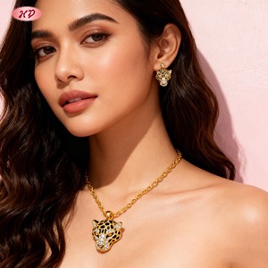Ювелирные изделия Hengdian: позолоченные 18-каратным золотом комплекты с изображением головы леопарда и черным узором, инкрустированные цирконами AAA. Модные ювелирные наборы оптом для женщин на вечеринки/вечерние мероприятия. - Product Image 5