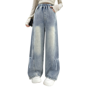 Jeans a Vita Alta Gamba Larga Lavaggio Chiaro - <span class=keywords><strong>Pantaloni</strong></span> in Denim con Dettaglio Annodato Vestibilità Comoda per Ragazze - Product Image 1