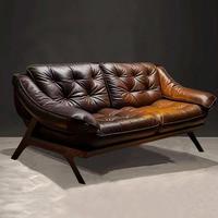 Canapé en cuir véritable de style rétro ; Style villa de luxe rétro française ; Utilisation dans un petit appartement, salon ; Cuir de vachette de première qualité, droit