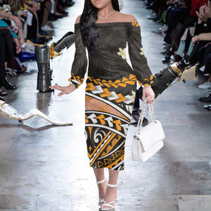 Robe de soirée personnalisée pour femmes avec symbole de <span class=keywords><strong>tatouage</strong></span> samoan vert fluorescent épaules dénudées et manches longues longueur maxi - Product Image 3