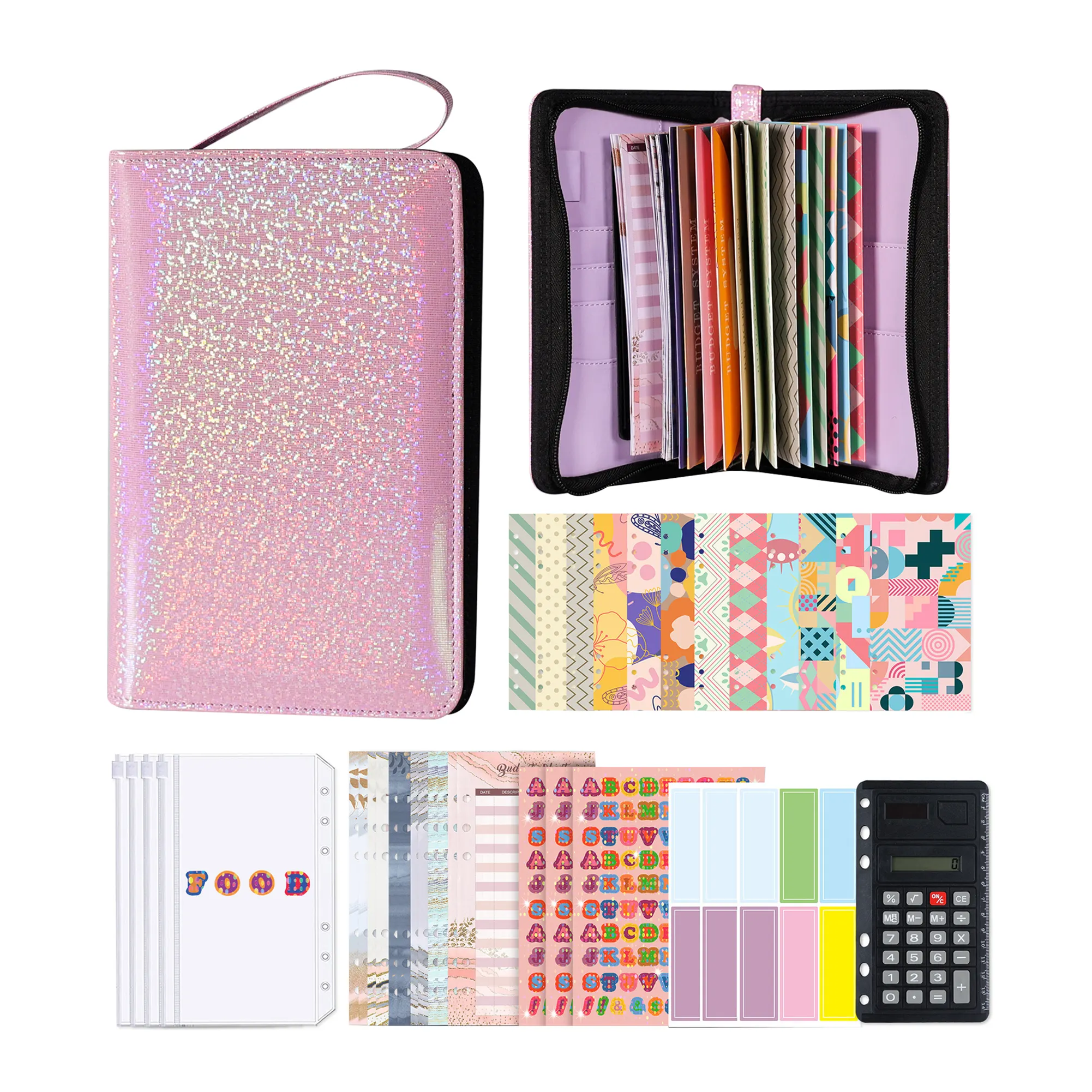 Nouveau design grand stockage A6 budget classeur cahier feuilles mobiles PU sac à glissière avec calculatrice pour femmes filles cadeaux