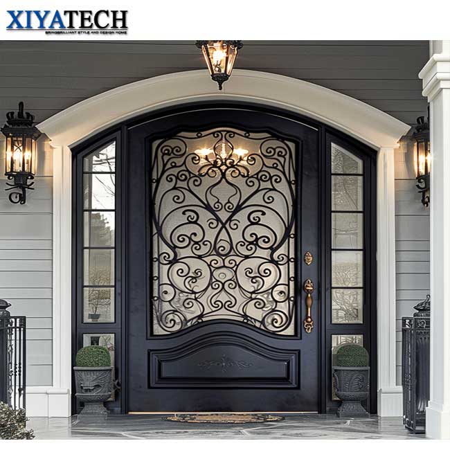 XIYATECH Custom Luxury Arched Wrought Iron Front French Door Double Door With Glass