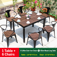 Ensemble de salle à manger pour restaurant, 7 pièces, table rectangulaire 120 cm motif parquet café, aspect bois, avec 6 chaises en métal noir, stock en gros