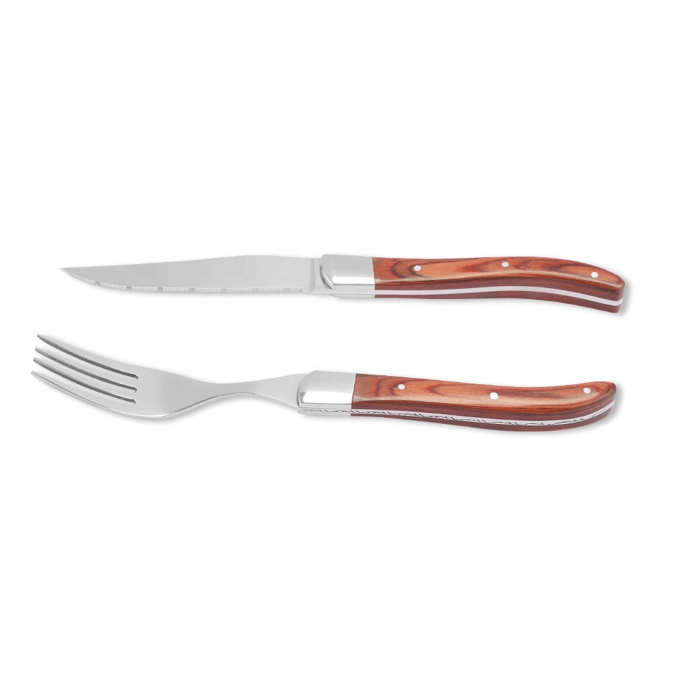 Serrated Stainless Steel Full Tang Laguiole Steak Knives Dinner Fork 2pcs Set Wooden Handle Steak Knife Fork Set