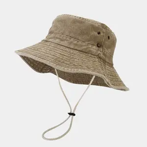 Outdoor caps large wide brim sun protection adult washed cotton plain denim bucket hat with string