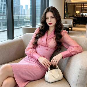 ZYHT 20185 Herbst Damen Elegantes Patchwork Tweed Hemdkleid Transparente Lange Puffärmel Knöpfe V-Ausschnitt Rosa <span class=keywords><strong>Blazer</strong></span>-Kleider für Frauen - Product Image 3