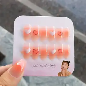 Heart gradient rose red false tips handmade korean japanese luxury press on nails with glue set