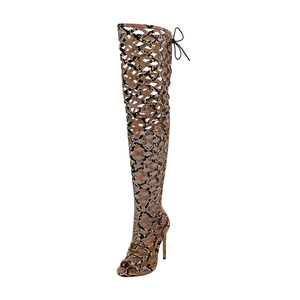 Botas de gladiador por encima de la rodilla de piel de serpiente sexis para mujer, con cordones, Punta abierta, tacones de aguja, sandalias de gladiador recortadas para mujer - Product Image 6