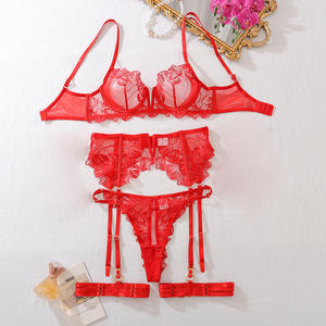 2025 Новое поступление сексуальное кружевное нижнее белье Прозрачное цветочное бюстгальтер с подвязками и перчатками соблазнительное женское белье - Product Image 6