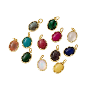 Amuletos de Piedra Natural con Signo del Zodiaco |   Colgantes de latón chapado en oro de 18 quilates con piedras preciosas ovaladas de nacimiento mensuales para la fabricación de joyas DIY - Product Image 1