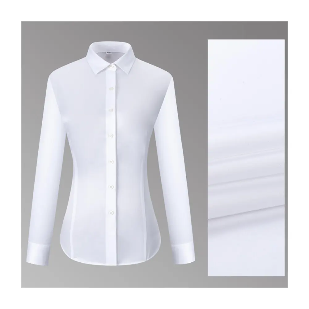 Blusa de vestido formal feminino de manga comprida 100% algodão sem rugas para trabalho de escritório