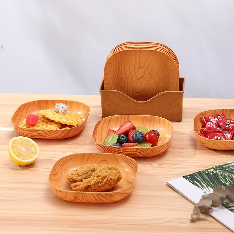 Unbreakable Home Snack Cake Dessert Plate Square Wheat Straw Wood Grain Fruit Dinner Plates Set With Base
