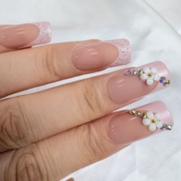 Faux ongles carrés à presser rose nude, motif fleur 3D, strass dorés, brillants, vente en gros, étiquette privée personnalisée