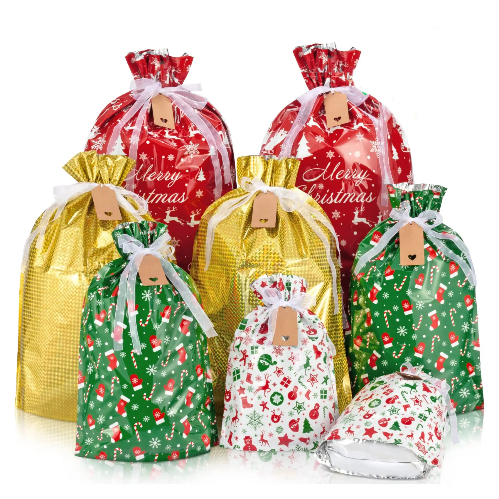Christmas Decorations Small Medium Large Santa Drawstring Gift Wrapping Bags for Treat, Goodies, Party