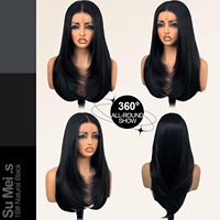Perruque synthétique sans colle avec dentelle frontale, 26 pouces, noire, pour femmes, dentelle HD 13x5x1, nouée à la main, pré-épilée # 1B Naturel