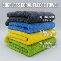 Serviette de lavage de voiture en microfibre polaire corail sans bords 500 GSM 16x16 pouces, douce, ultra-absorbante, séchage rapide, sans rayures
