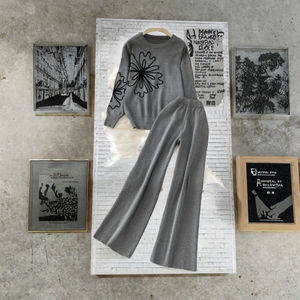 Conjunto de 2 Piezas para Mujer, Estilo Casual para Viajar al Trabajo, Sudadera Tejida Extra Grande con Bordado + Pantalones Anchos de Pierna Recta de Cintura Alta - Product Image 2