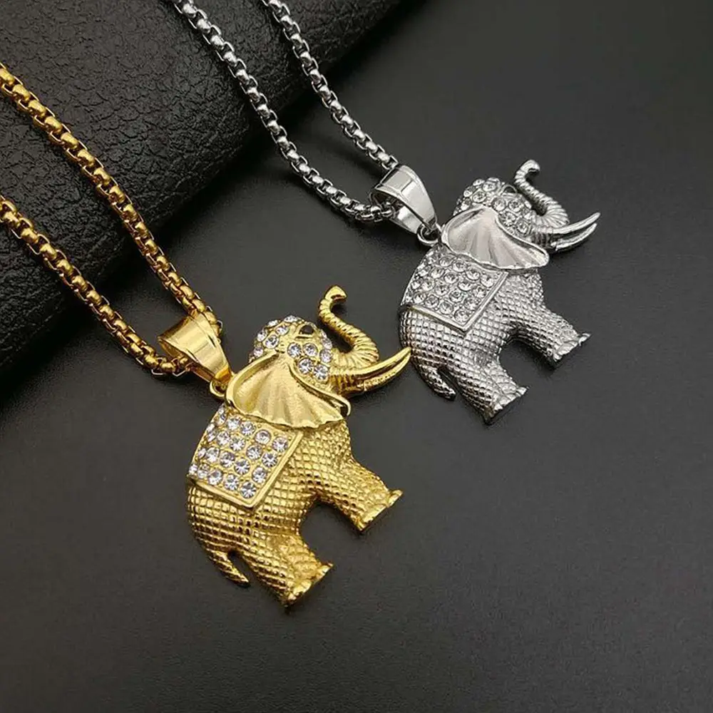 Vente en gros collier éléphant en cristal simulé en acier inoxydable plaqué or 18 carats bijoux de mode éléphant animal