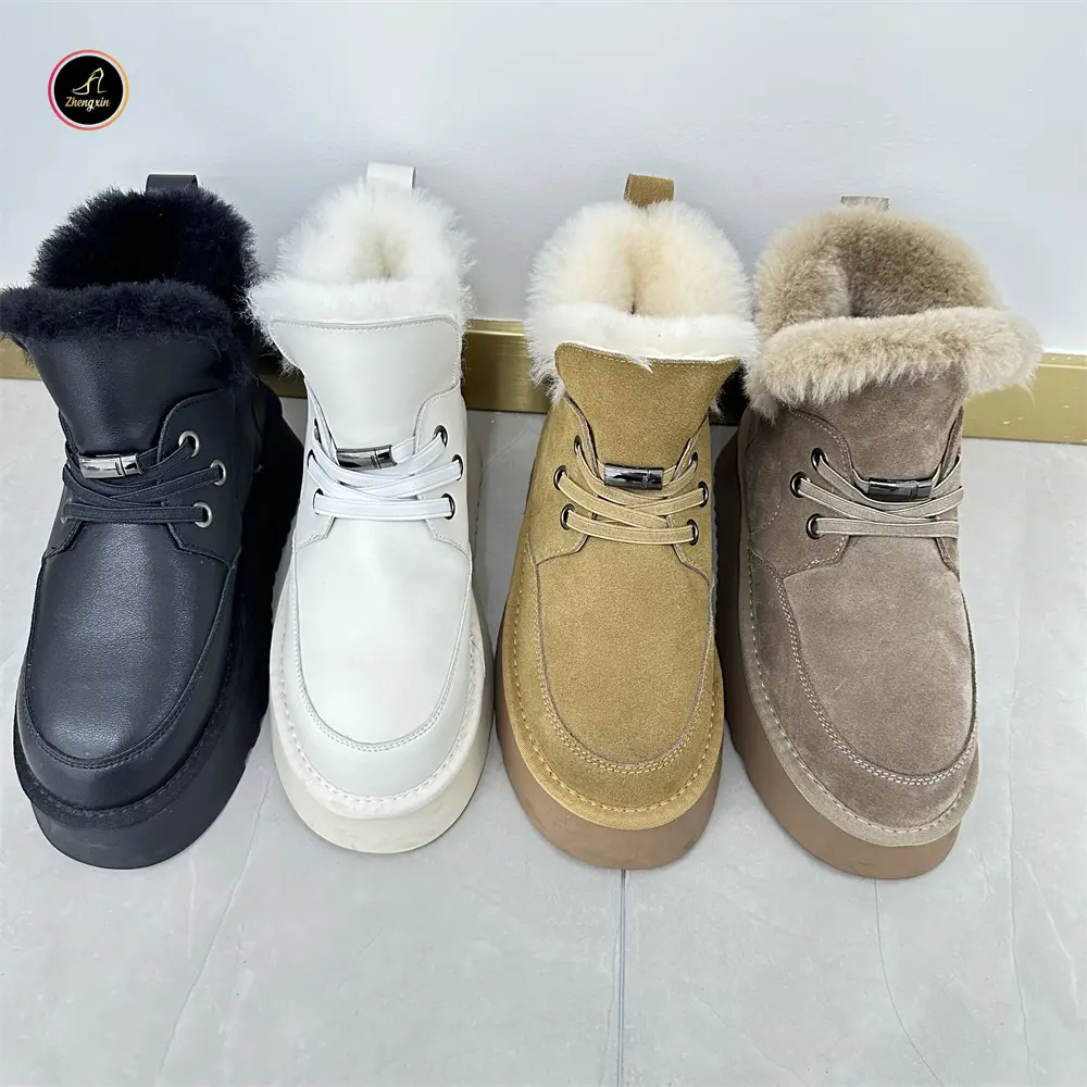 Fashion Height Increasing Lace Up Anti-slip Genuine Leather Warm Plush Fur Ladies Snow Boots Women Winter Boots For Women