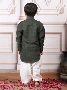smiling young <b>boy</b> wearing gray <b>kurta</b> with white pants posing indoors festive ethnic outfit child portrait stylish kids fashion - Product Image 2