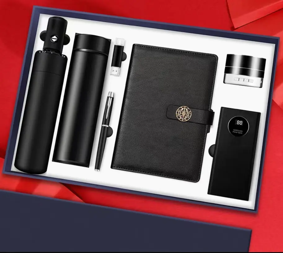 Set regalo classico di alta classe per libri aziendali con logo personalizzato su scatola regalo per ombrelli con penna per altoparlante a tazza USB