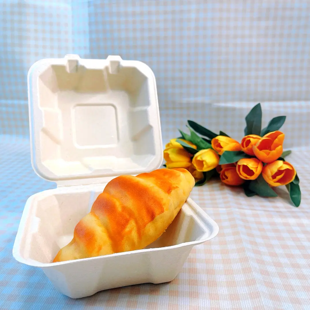 Fast Food Packaging Compostable Disposable Food Container Biodegradable Sugarcane Clamshell Bagasse 6 inch Burger Box