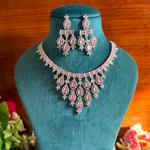 Light Pink Zircon <b>Statement</b> <b>Necklace</b> and Earrings Set Silver-Plated American Diamond Jewelry for Women Handmade Bulk Product - Product Image 1