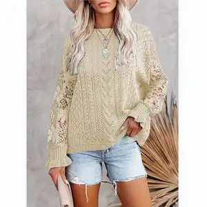 Women's Crochet Tops Crewneck Knit Cover Ups Hollow Out Oversized Top Lace Sexy Knitted Pullover Knitwear Sweater