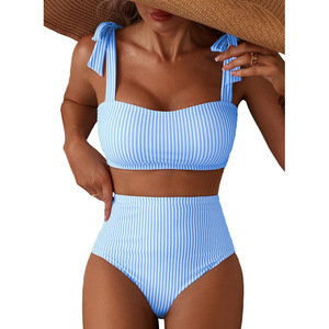 2026 Women Striped <b>Bikini</b> <b>Set</b> Tie Shoulder High Waisted Swimsuit Two Piece Bathing Suit Summer Beachwear - Product Image 2