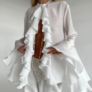 Camicie Casual in Chiffon Bianco con <span class=keywords><strong>Volant</strong></span> Linad, Bluse e <span class=keywords><strong>Top</strong></span> Femminili con Maniche a Campana e <span class=keywords><strong>Volant</strong></span> Laminati - Product Image 2