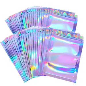 Grosir Kustom Dicetak Ditutup Kembali Satu Sisi Transparan Laser Pouch Kemasan Kosmetik Holographic Zip Lock Bag