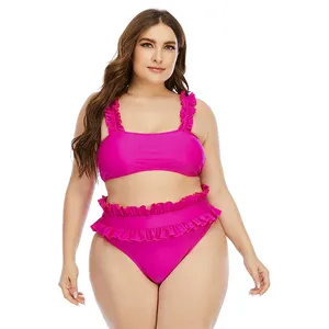 Wanita Terjun Ruffle Pinggang Tinggi Pakaian Renang Dua Push Up Seksi Tinggi Dipotong Bikini Set Pink Plus Ukuran Baju Renang XXXL
