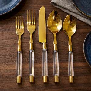 Ensemble de couverts en or en gros avec manche en Lucite et embout doré |   Couverts de luxe pour événements, mariages et promotions - Product Image 3