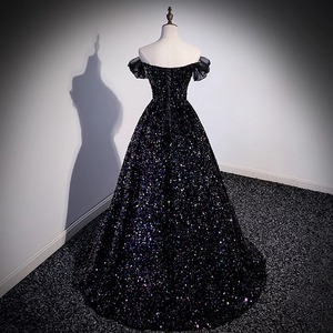 Off The Shoulder Evening Gown Women Black Sequined Sparkly Dress Wedding Hostess Vocal Performance Costume - Product Image 2