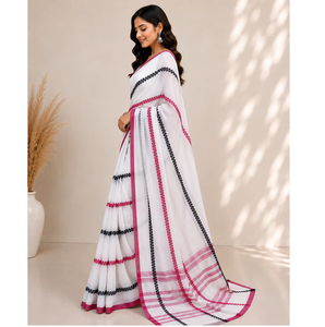 Sari en coton Mul de luxe pour femmes, bordure brodée à rayures, tissu doux de qualité supérieure, tenue ethnique indienne traditionnelle - Product Image 1