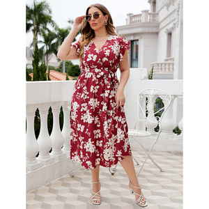 <span class=keywords><strong>Robe</strong></span> midi à imprimé floral pour femmes grandes tailles, col en V, manches courtes, ceinture à la taille, <span class=keywords><strong>robe</strong></span> décontractée d'été rouge pour les fêtes - Product Image 3