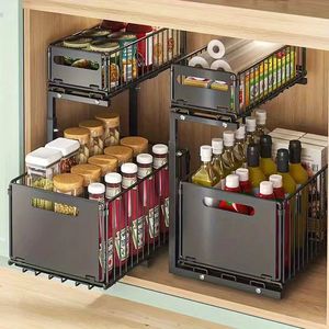 Étagère de rangement en métal à double niveau, étagère de rangement rétractable pour utilisation sous l'évier de cuisine à la maison - Product Image 2