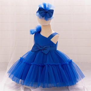 Abito Formale per Bambine in Tulle Blu Reale con Design Monospalla, Fiocchi Decorativi e Fascia Abbinata - Product Image 1