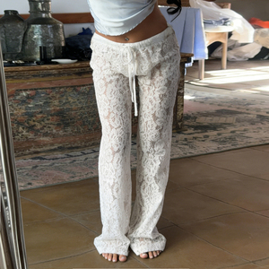 vacation style loose lace knit pants cross-border <b>comfortable</b> casual sheer drawstring solid color straight leg long pants - Product Image 2