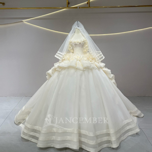 JFH73 Vestido de Novia Clásico Moderno con Cuello Barco, Flores 3D, Volantes, Lentejuelas, Apliques de Cristal y Bordados, Vestido de Novia Largo con Cola de Capilla - Product Image 1