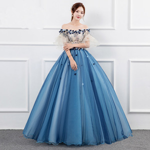 Off The Shoulder Tulle Ball Gown Dress Blue Gray Floral Print Empire Waistline Evening Dress For Women - Product Image 3