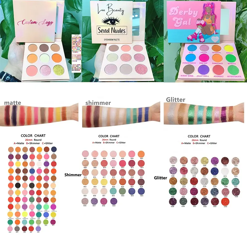 Benutzer definierte Logo Kosmetik Lidschatten Palette Bio High Pigment Augen Make-up 9 Farben Glitter Shimmer Matte DIY Lidschatten Palette