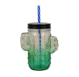 Cactus shape stocked glass 1 cover mason jar with handles 16 oz 16oz Unique Design Fancy Colored Glass Water Bottle