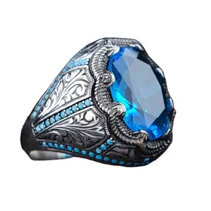 Hot SALES 925 Silver Sterling Vintage Design Blue Crystal Rings Punk Style Diamond Inlaid Turquoise Ring Jewelry