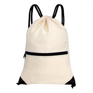 Canvas <b>Drawstring</b> <b>Backpack</b> Cream with Black Zipper Pocket and Straps - Product Image 1