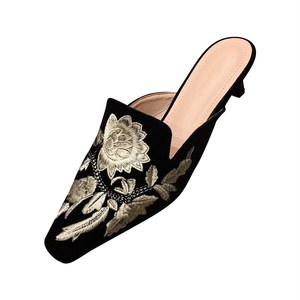 Green Velvet High Heels <b>Slippers</b> Women Floral Embroidery <b>Mules</b> Shallow Pointed Toe Heeled Fashion Loafers Outsides Woman Slides - Product Image 6